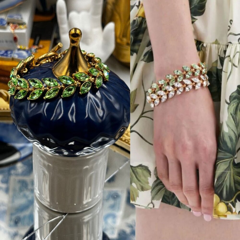 🆕 OSCAR DE LA RENTA 🧿 NWOT Crystal Leaves Bracelet, Green Gremstone